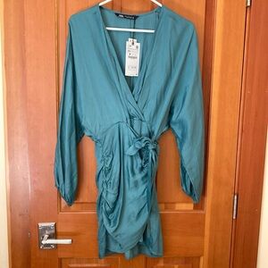 Zara Turquoise Wrap Dress with Tie Detail XS 100% viscose NWT